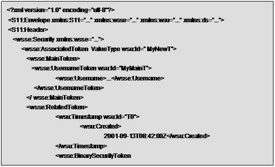 Text Box: <?xml version="1.0" encoding="utf-8"?>
 <S11:Envelope xmlns:S11="..." xmlns:wsse="..." xmlns:wsu="..." xmlns:ds="...">
 <S11:Header>
    <wsse:Security xmlns:wsse="...">
         <wsse:AssociatedToken  ValueType wsu:Id=" MyNewT">
            <wsse:MainToken>
               <wsse:UsernameToken wsu:Id="MyMainT">
<wsse:Username>...</wsse:Username>
  </wsse:UsernameToken>
            </ wsse:MainToken>
            <wsse:RelatedToken>
		<wsu:Timestamp wsu:Id="T0">
 			<wsu:Created>
 				2001-09-13T08:42:00Z</wsu:Created>
 		</wsu:Timestamp>
		<wsse:BinarySecurityToken
 			ValueType="...#X509v3"
 			wsu:Id="X509Token"
 			EncodingType="...#Base64Binary">
 			MIIEZzCCA9CgAwIBAgIQEmtJZc0rqrKh5i...
 		</wsse:BinarySecurityToken>
	</wsse:RelatedToken>
         </wsse:AssociatedToken>  
